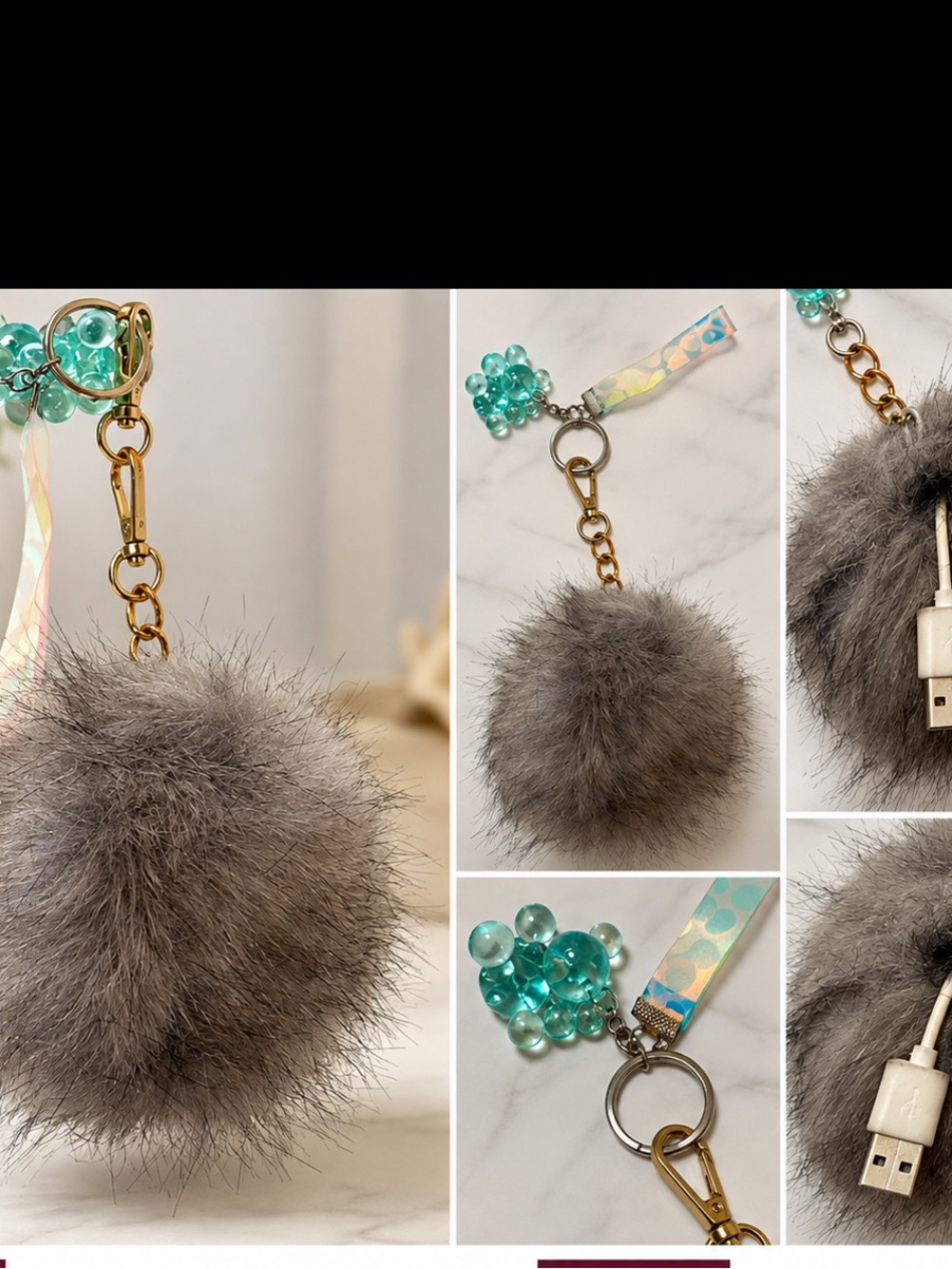 Gray Faux Fur Pom Pom Keychain with Multi-Charging Cables & Teal Charm